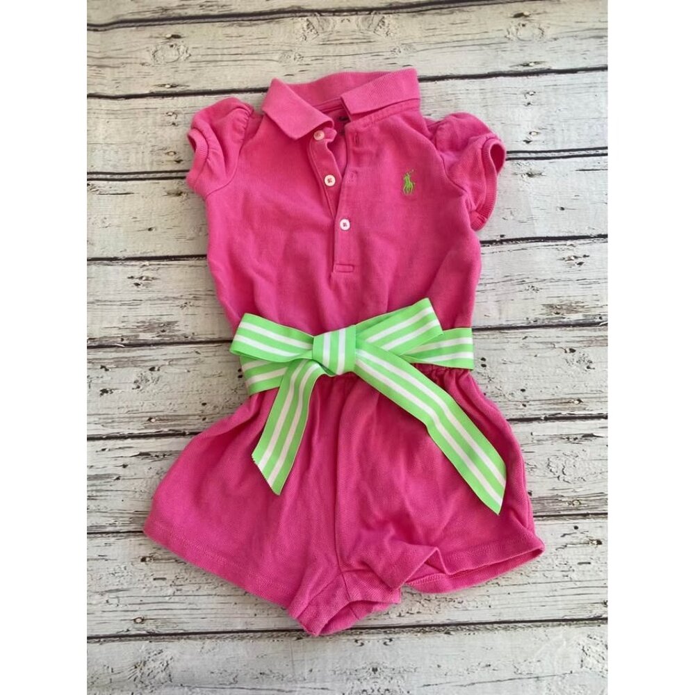 Adorable Ralph Lauren girls hot pink romper with belt accent size 9 months
